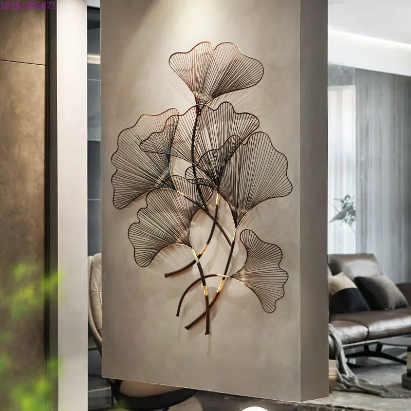 New Chinese wall decoration pendant wrought iron ginkgo biloba wall decoration living room entrance restaurant light luxury
