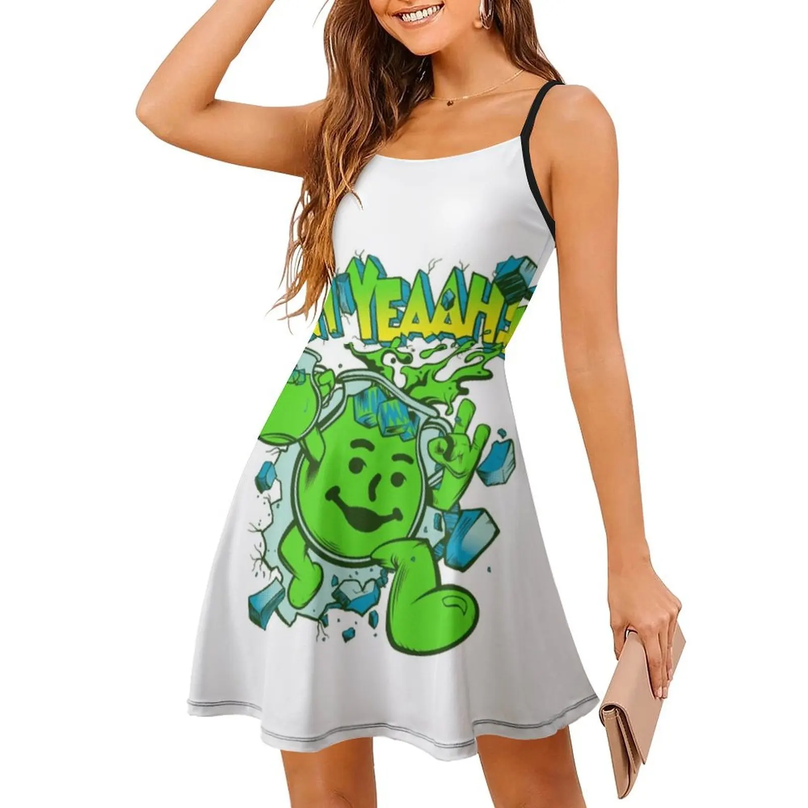كول أيد مان أوه نعم! فستان Kool Aid Man Lime Bohemian بدون أكمام للنساء مطبوع عليه فساتين حفلات الشاطئ Kool Aid Man Ohh Yes #3