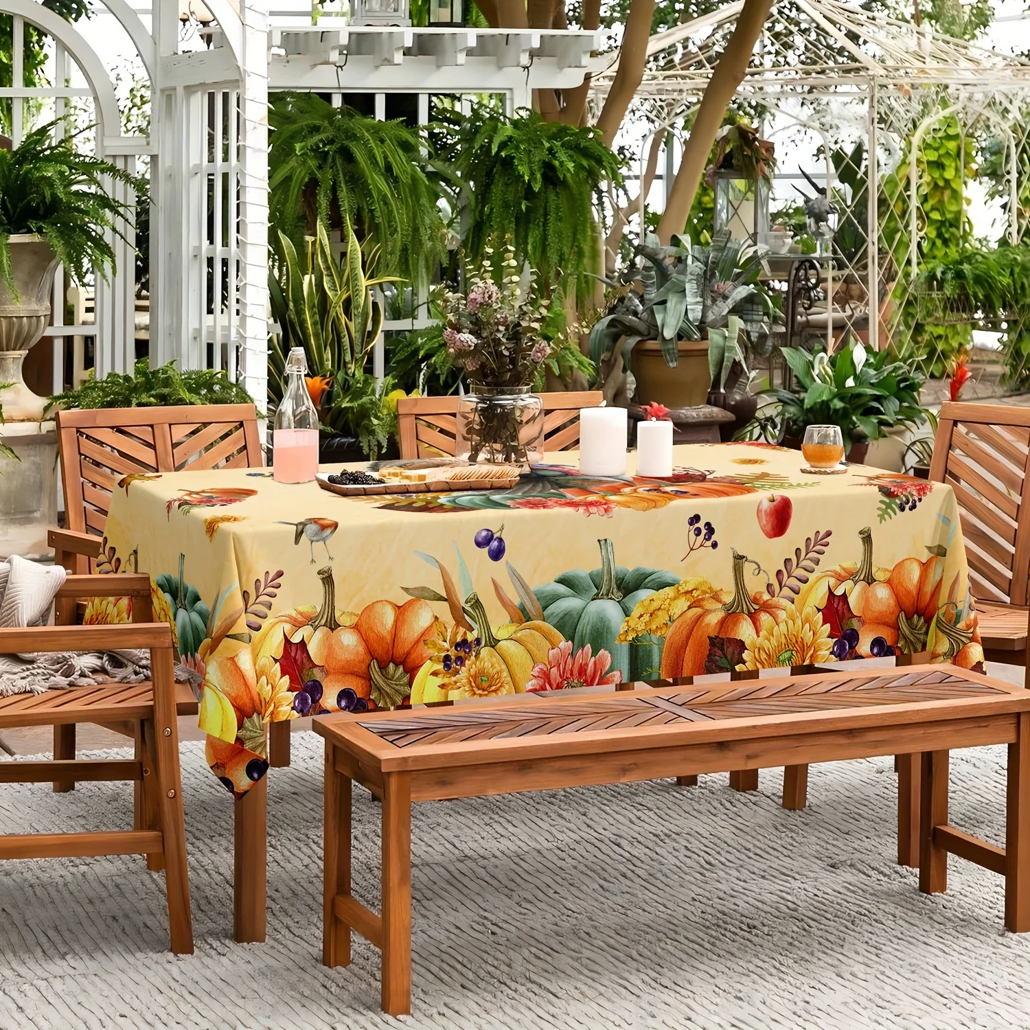 1 piece of vintage Thanksgiving turkey tablecloth - Pumpkin fruit and vegetable harvest table cover washable tableclothzyc