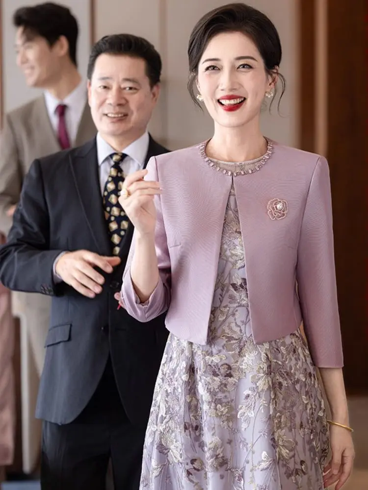 

Комплект свадебных платьев Ele для мамы и бабушки, осенний сезон 2025, из полиэфирного волокна, с круглым вырезом, коротким рукавом, длиной миди, с цветочным принтом