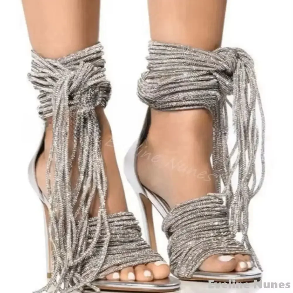 

Sexy Peep Toe Strappy Sandals Women Red Stiletto Heel Hollow Shallow Pumps 2025 Summer New Fashion Design Party Catwalk Sandals