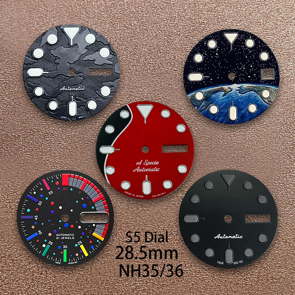 

28.5mm S5 Logo Camouflage Dial Suitable For NH35/NH36 Janpan Movement C3 Green Luminous Quality Watch Modification Accessories