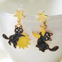 Lovely Climbing Cat Sun Moon Dangle Earrings for Women Girls Cute Asymmetric Animal Fox Kitten Earring Fashion Jewelry Gifts