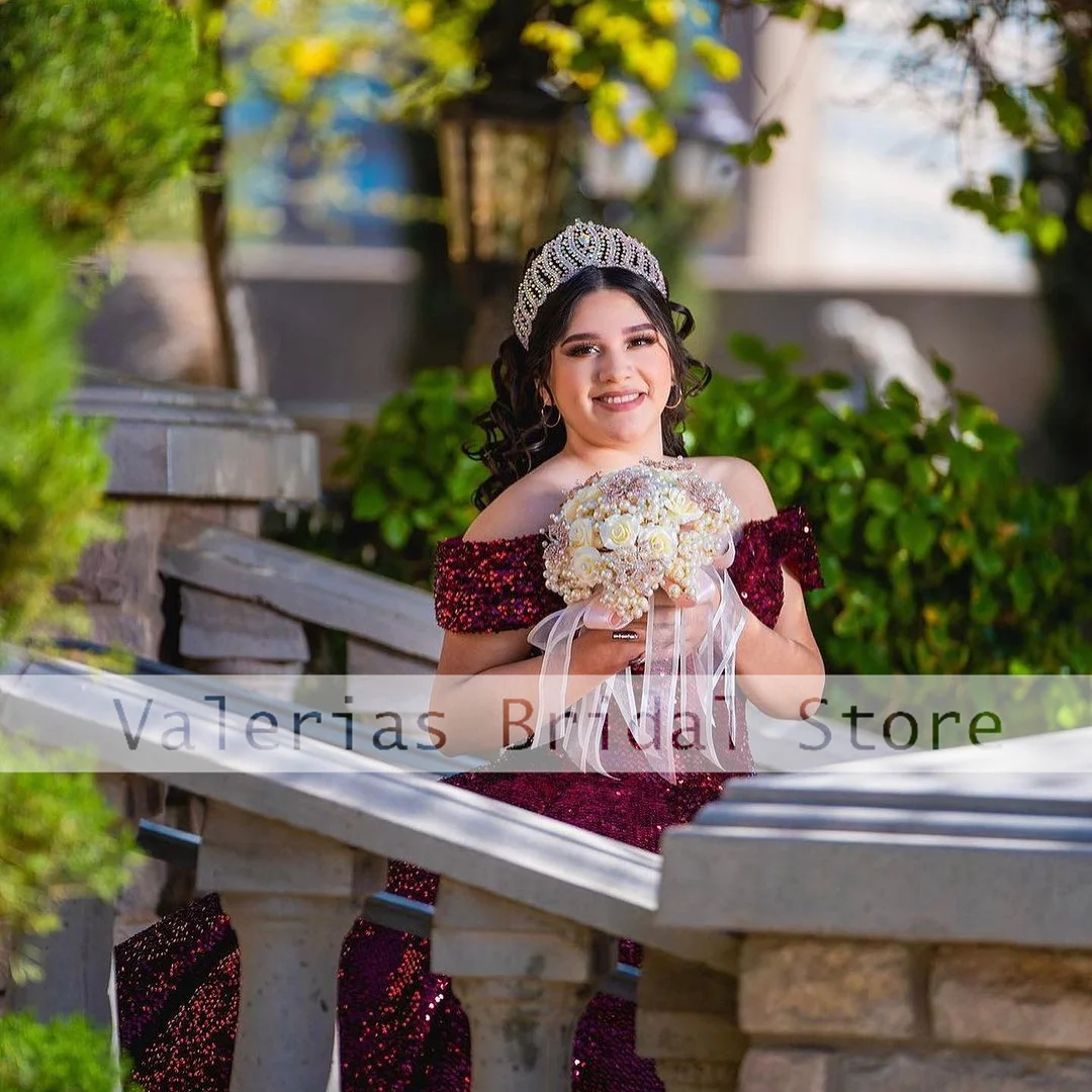 Quinceanera فستان مكشوف الكتفين للبنات ، فساتين حفلة الأميرة ، أحمر سباركلي ، فتيات المكسيك ، 15