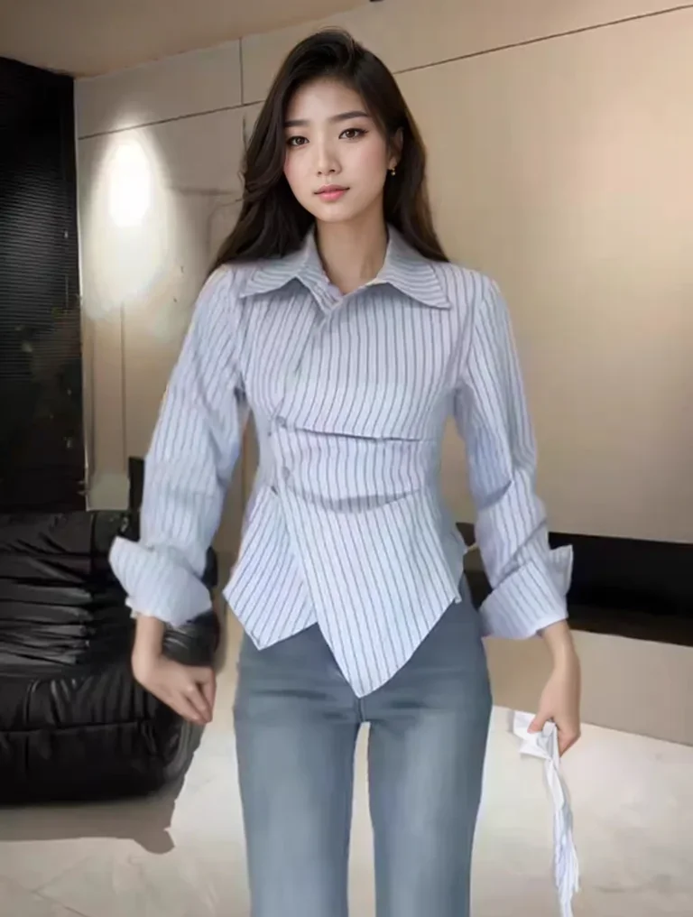 Shirts & Blouses For Women Full Long Sleeve Loose Woman Top Spring And Autumn Button Up Striped Crop Korean Fashion Clothes New