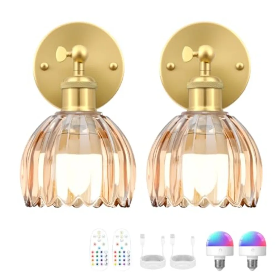 

Vintage Battery Operated Wall Sconce Amber Tulip Glass Lampshade Wireless Rechargeable Battery Powered LED Wall Light with Remo