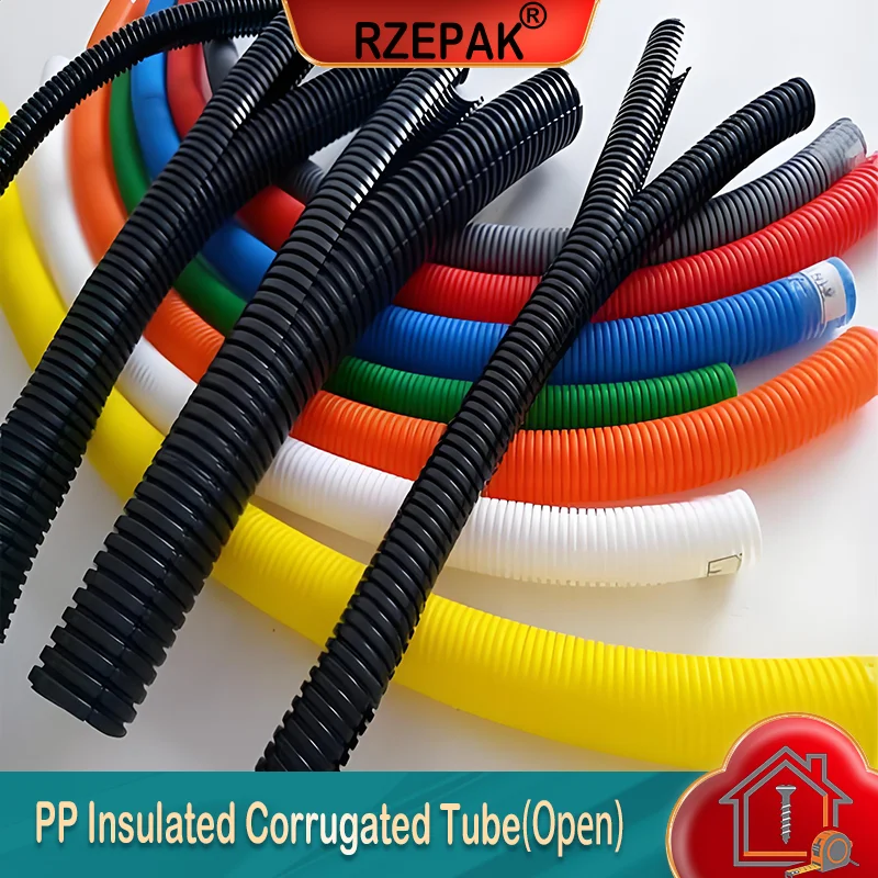 2/5/10m PP Insulated Corrugated Tube Open Mouth AD7.5-34.5mm for Wire Cable Harness Threading Protection Sleeving