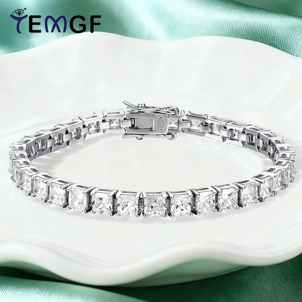 

TEMGF Full Zircon Bracelet Princess Cut 100% Real S925 Sterling Silver Unisex Simple Fashion Fine Jewelry Birthday Surprise Gift