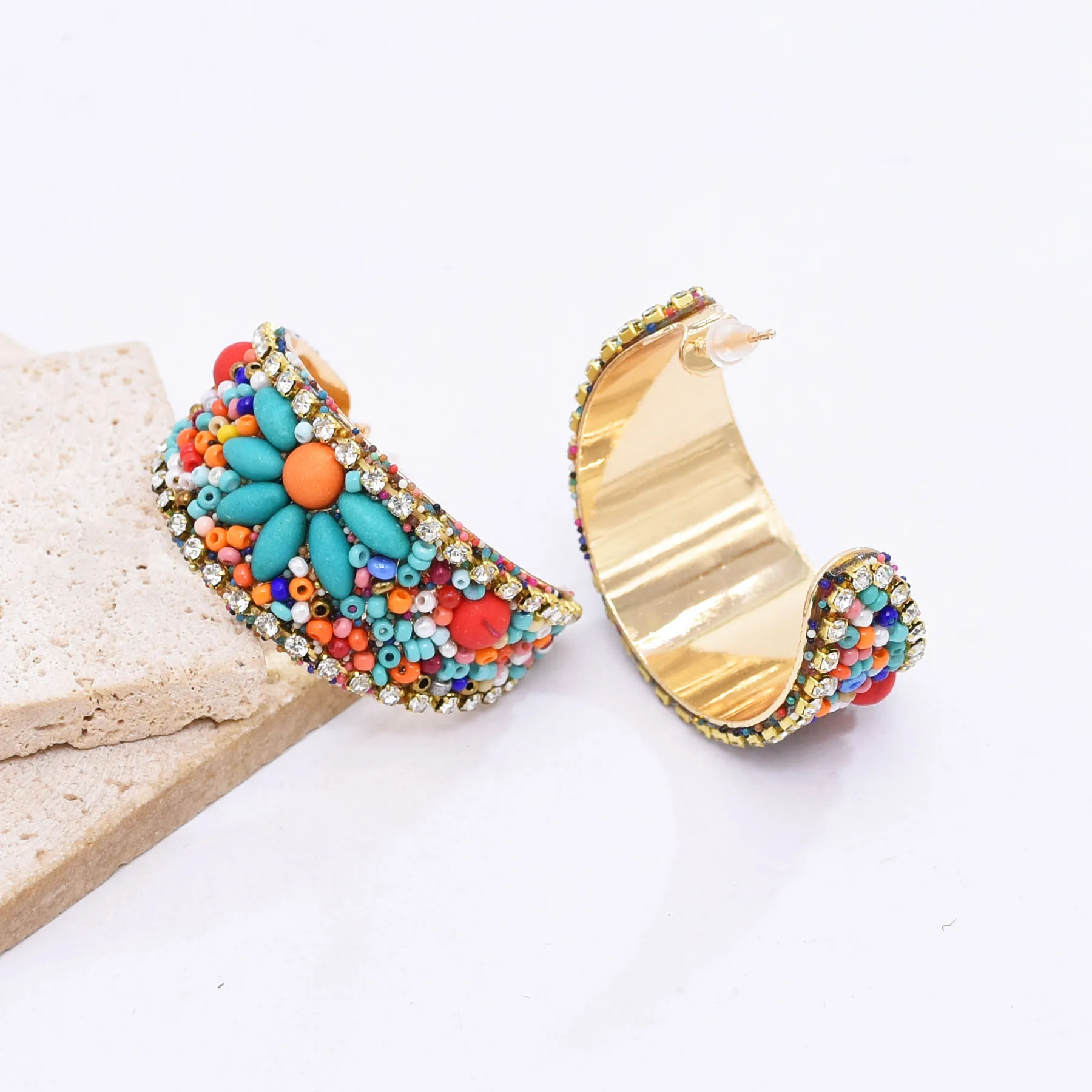 البوهيمي اليدوية الأقراط واسعة الفيروز زهرة البذور حبة حجر الراين مجوهرات الإناث العرقية القبلية العربية التركية الغجر الإكسسوار