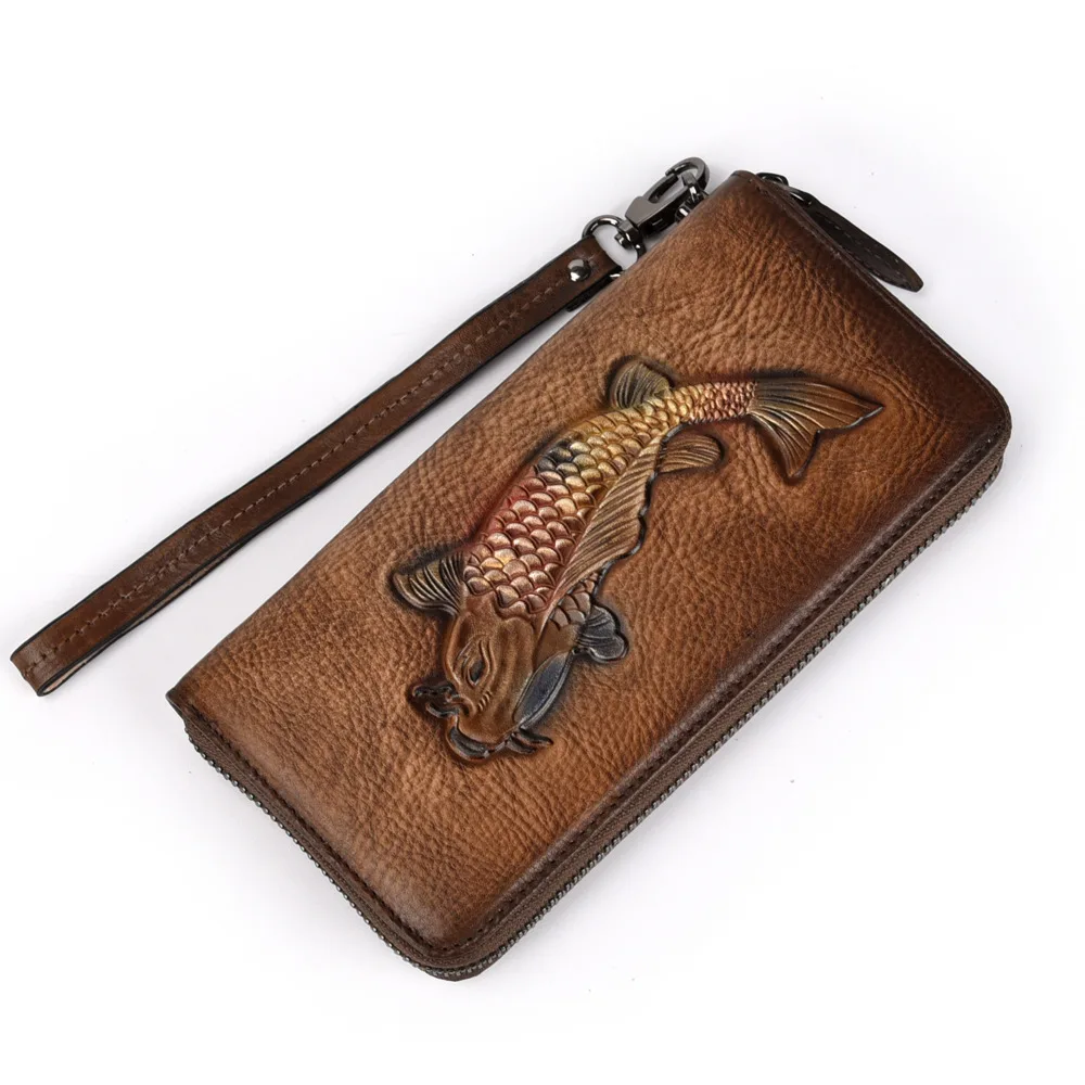 Vintage Wallet Long Zipper Leather Vintage Tree Paste Leather Money Clip Casual Top Layer Cowhide Handbag Mobile Case