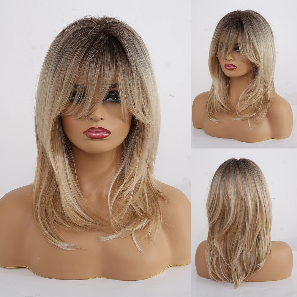 EASIHAIR Dark Brown Root Ombre Golden Synthetic Wig Natural Hair for Women Female Layered Wig with Said Bangs Heat Resistant Wig