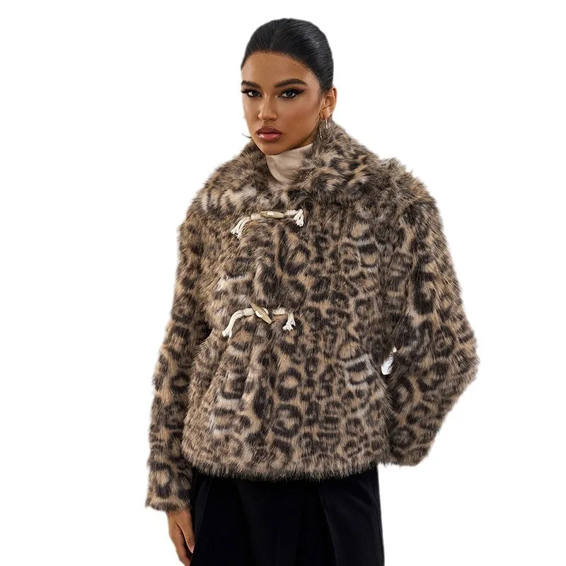 Outono inverno feminino casacos de pele do falso grosso quente nova fivela lapela leopardo impressão jaqueta streetwear trendsetters roupas femininas