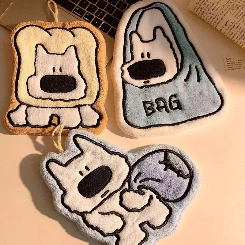 Cute Puppy Design Hand Towel Super Absorbent Thick Coral Velvet Hanging Type for Kitchen Bathroom Use Dress Accessories