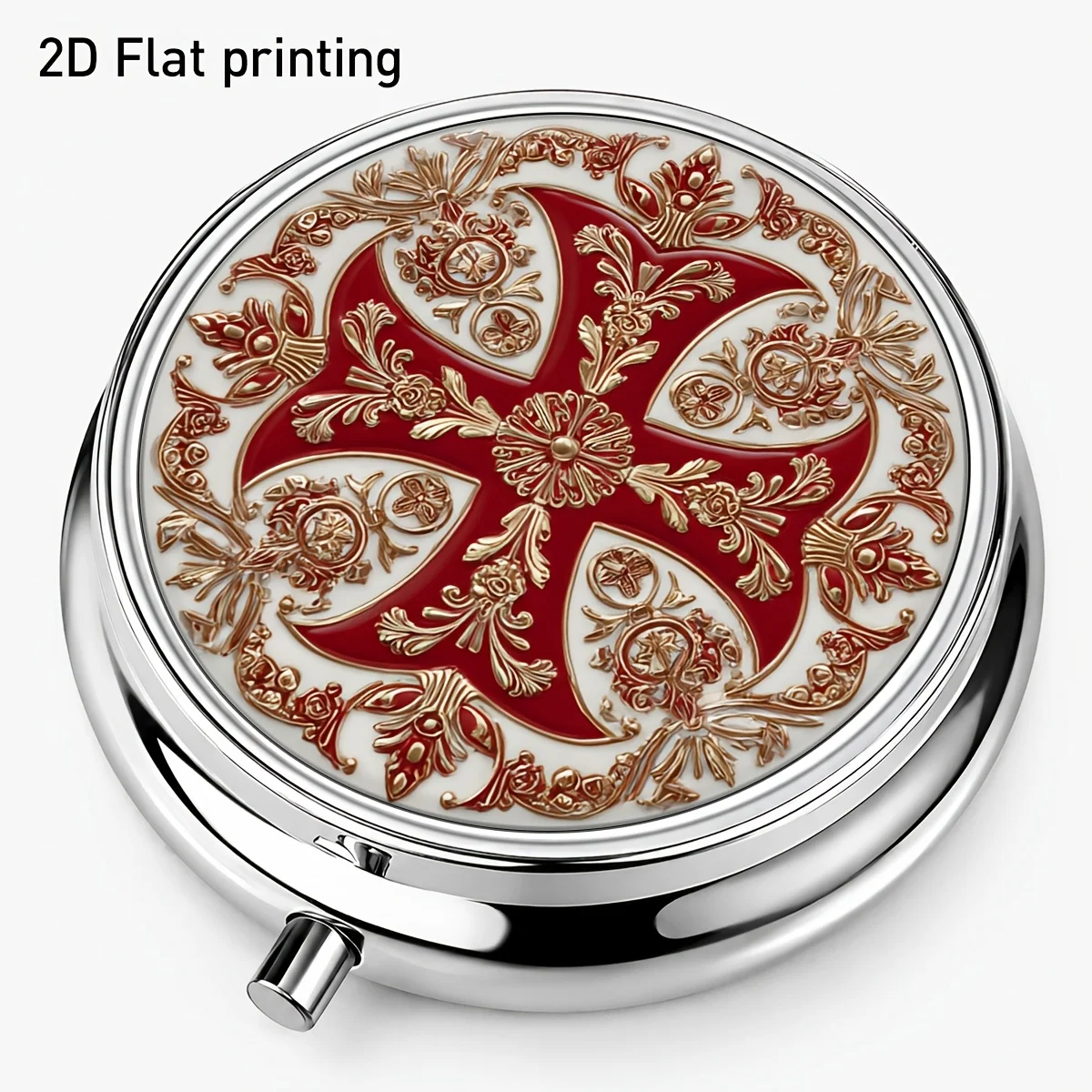 Single pack, flat print, red and white floral pattern round portable small box, three compartments for portable storage, separate compartments for better organization, suitable for medicine, vitamins, and small items