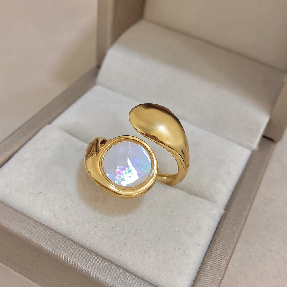 Chic Abalone Shell Geometric Twisted Open Ring for Women Irregular Curved Gold Plated Stainless Steel Finger Rings Party Jewelry - view 2