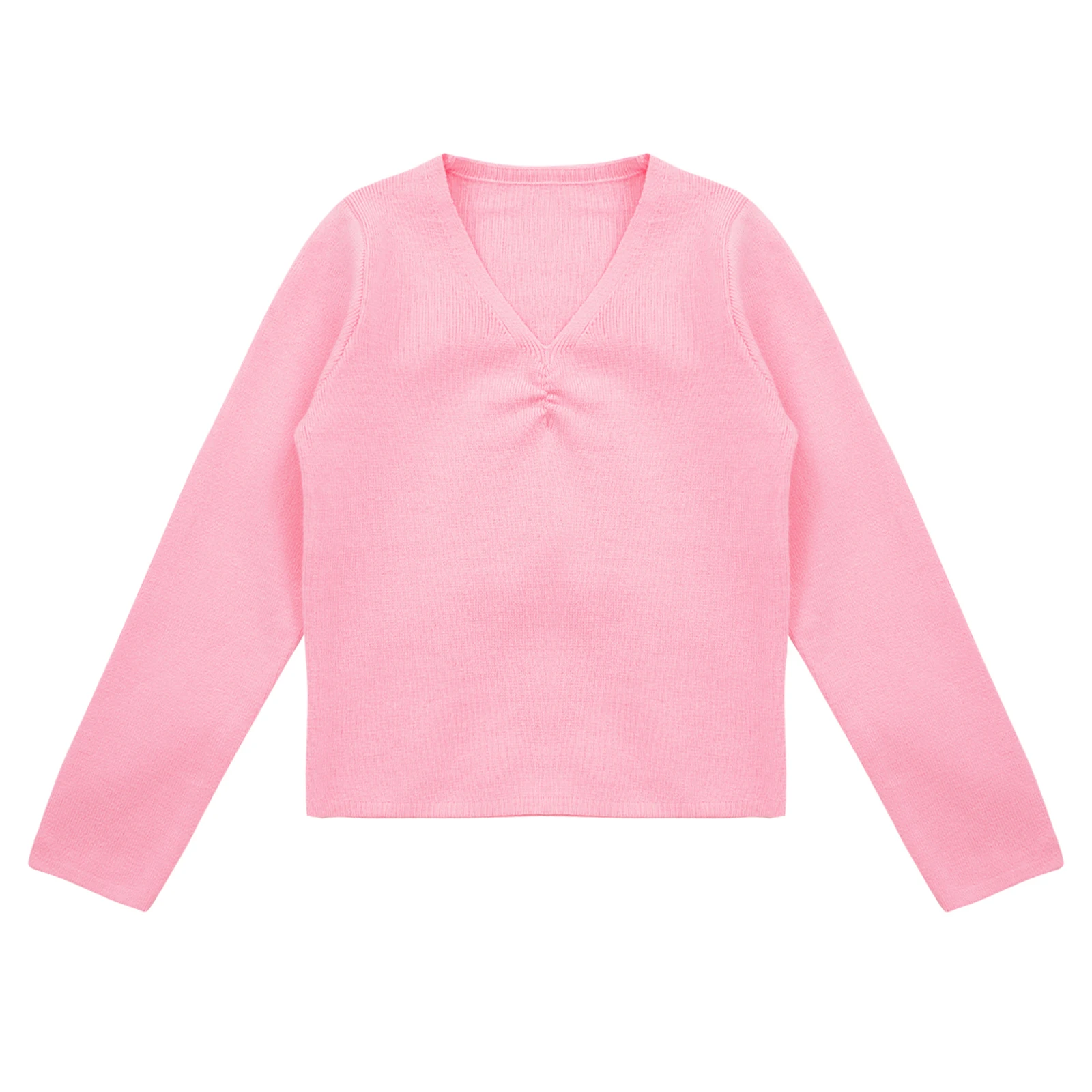 Children Girls Long Sleeve Ruched Knitted T-shirt Outerwear Ballet Dance Gymnastics Training Tops Dancing Class Exercise Clothes