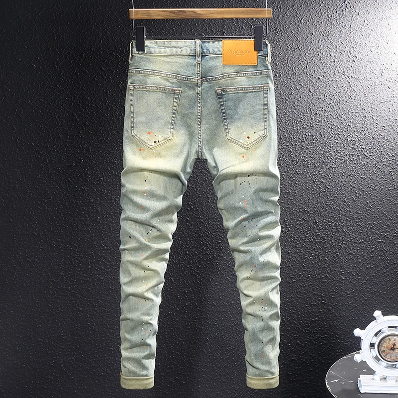 Street Fashion Designer Men Jeans Retro Washed Stretch Slim Fit Painted Ripped Jeans Men Y2K Vintage Casual Denim Pants Hombre