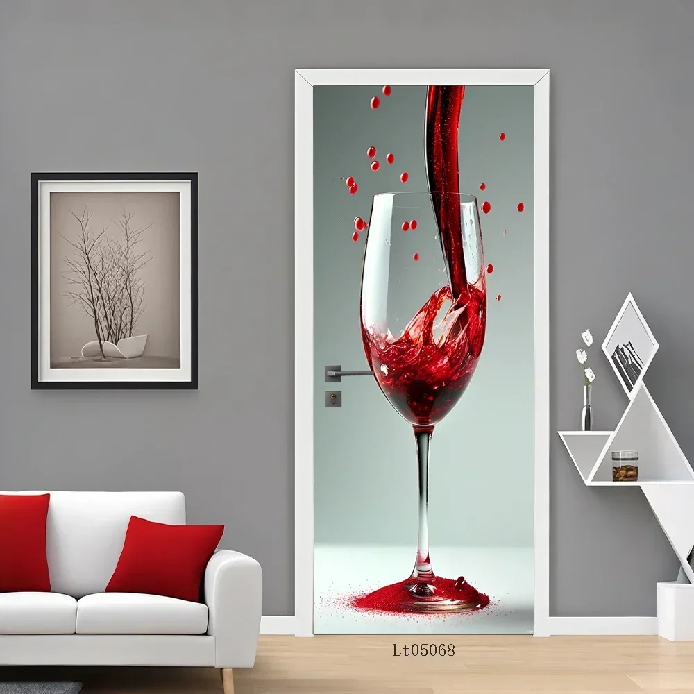 Fruit and Red Wine Pattern Door Sticker, Removable PVC Sticker, Decorative Mural, Door stickers Full Cover