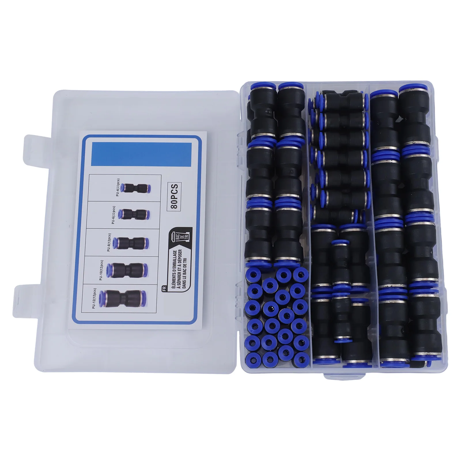 أسود، أزرق تركيبات توصيل سريع نطاق درجة الحرارة 0-60 درجة مئوية الضغط المضمون 1.5MPa دفع في التصميم إجمالي 80 قطعة