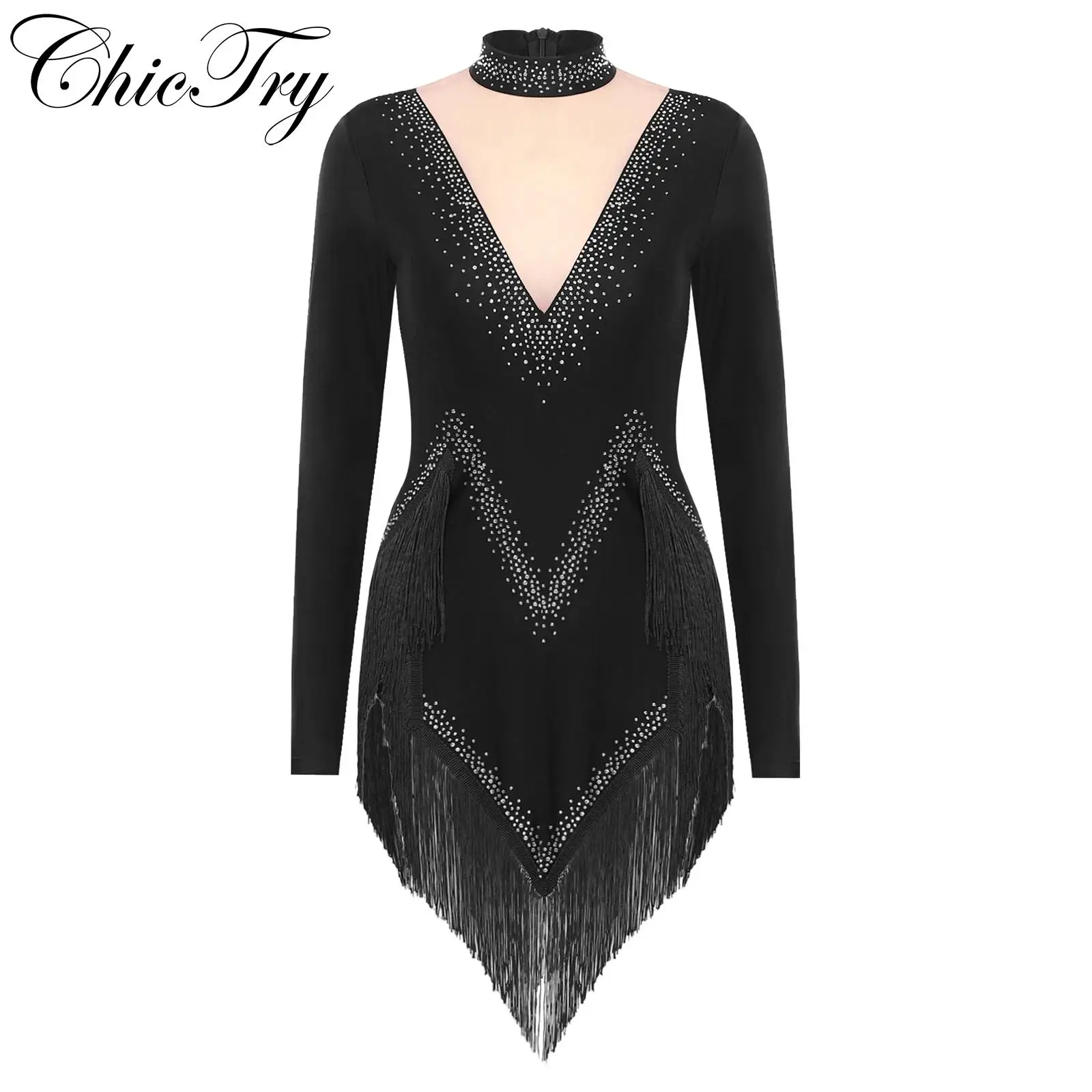 

Womens Tassel Latin Dance Dresses Stage Performance Costume Mock Neck Long Sleeve Irregular Hem Rhinestones Lyrical Dancewear
