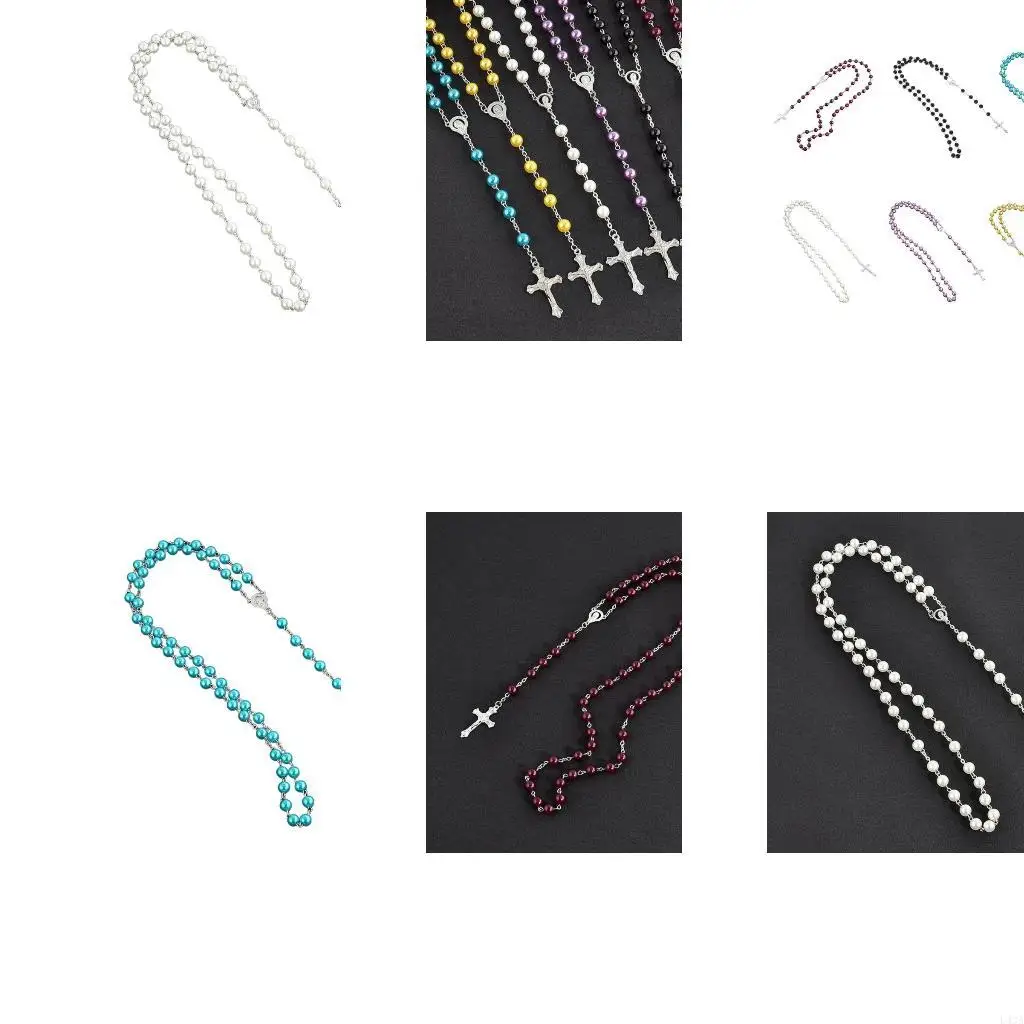 L43A Round Imitation Pearl Beads Rosary Necklace Rose Flower Pendant Religious Necklaces for Girl Women Jewelry Charm