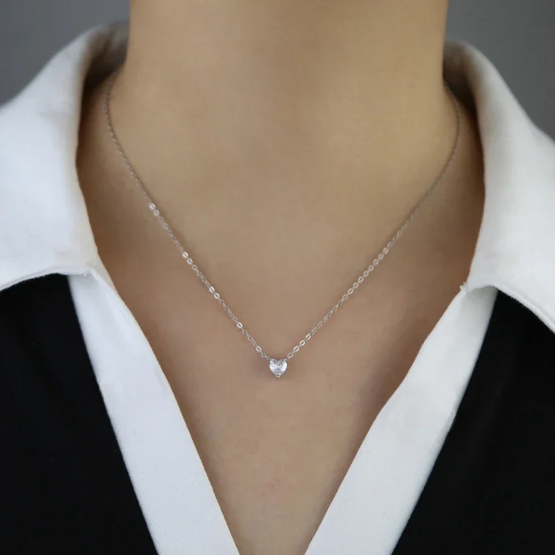 2024 Valentine's Day Gift Fashion Jewelry for Girlfriend Iced Out Bling CZ 5mm stone 925 Sterling Silver Heart Pendant Necklace