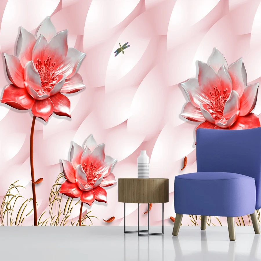 

Cartoon Peel and Stick Optional Custom Red Lotus Blossom Wallpapers for Living Room Sofa Wall Covering Papers Home Decor Murals