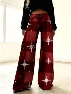 Christmas women's imitation denim printed high waisted flared pants, sweet and cute, Red snowflake pattern