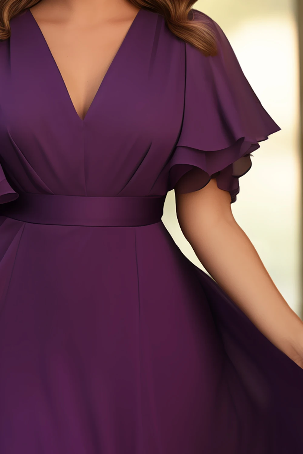 Flycurvy Vestido largo tipo túnica con mangas aleteadas de gasa de uva para invitados de boda de talla grande