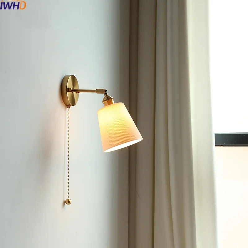 

IWHD Bathroom Mirror LED Wall Lamp Sconce Vintage Style Ceramic Bedroom Living Room Bar Stair Light Copper Pull Chain Switch