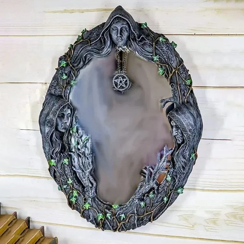 Decorative Mirror Celtic Sacred Moon Triple Goddess Mother Maiden Crone Wall Hanging Mirror Pentagram Amulet Pendant Decor