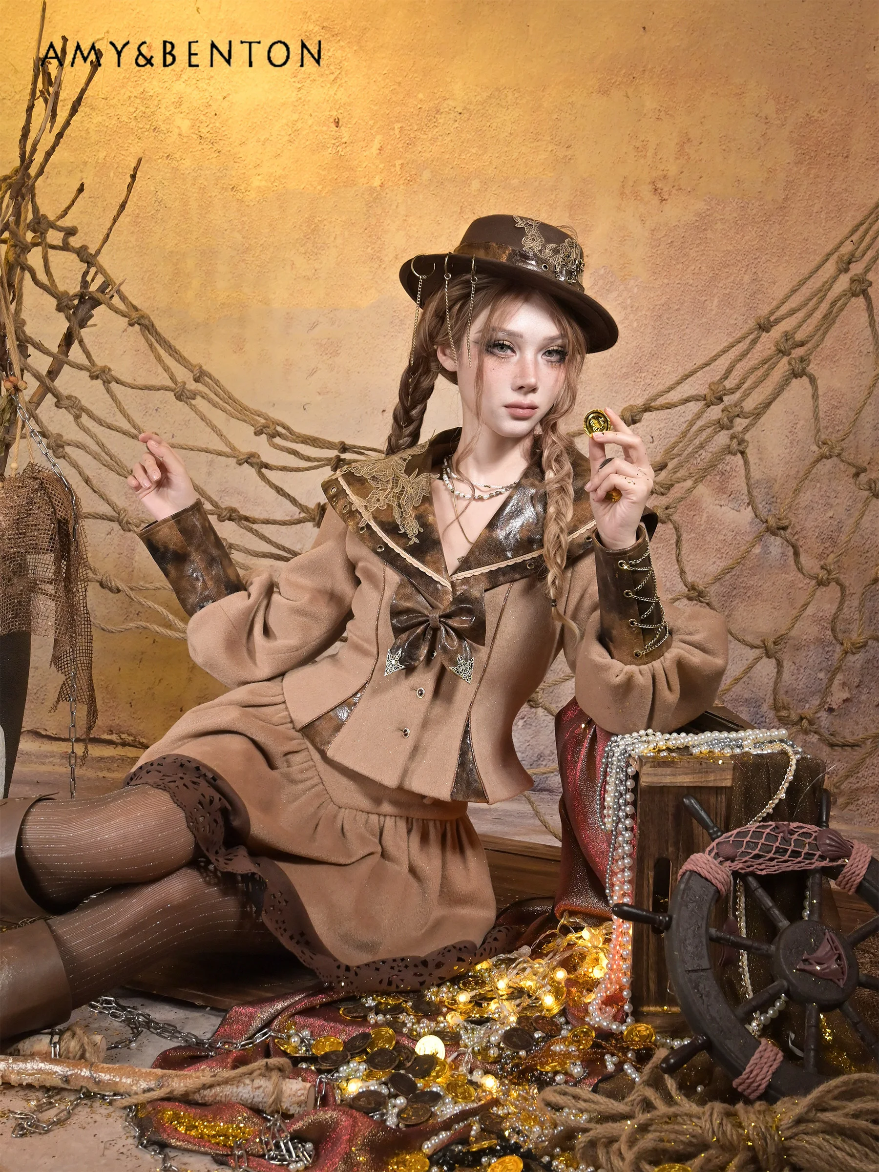 오리지널 디자인 레트로 고딕 빈티지 프린트 PU 네이비 칼라 긴팔 재킷 하이웨이스트 미니 스커트 펑크 스타일 Y2K 투피스 세트