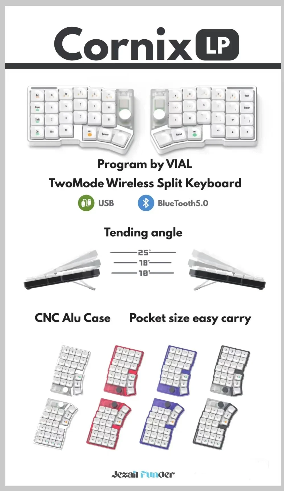 Jezail Funder Cornix Split Keyboard Dual Mode Low Profile CNC Aluminum Case With Knob Wireless Mechanical Keyboard Support Vial