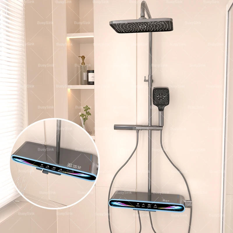 Grey Bathroom Shower Set Digital Display Showers System Set  Ambient Light Milky White Booster Shower head Modern Bath Set