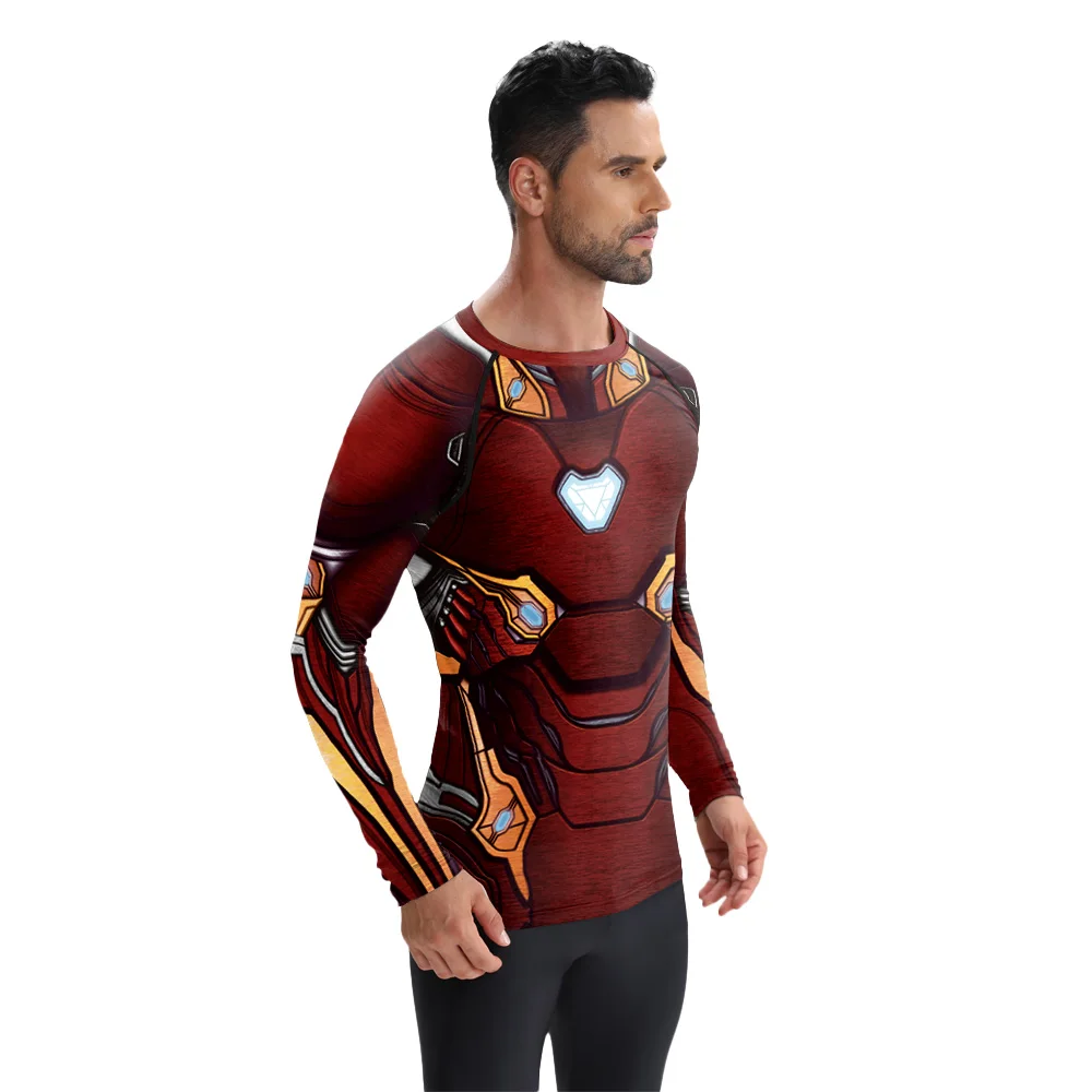 أزياء الفيلم الخارقين التأثيرية بأكمام طويلة ملابس رياضية تي شيرت خارقة للحفلات قميص رياضي مضغوط للرجال