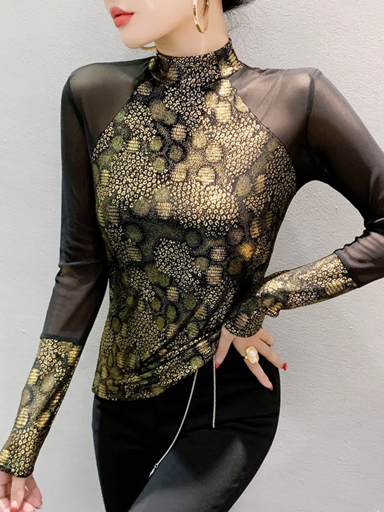 2025 European Autumn New Style Semi High Neck Long Sleeved Hollow Mesh Splicing Hot Stamping T-Shirt For Women's Slim Fit Base