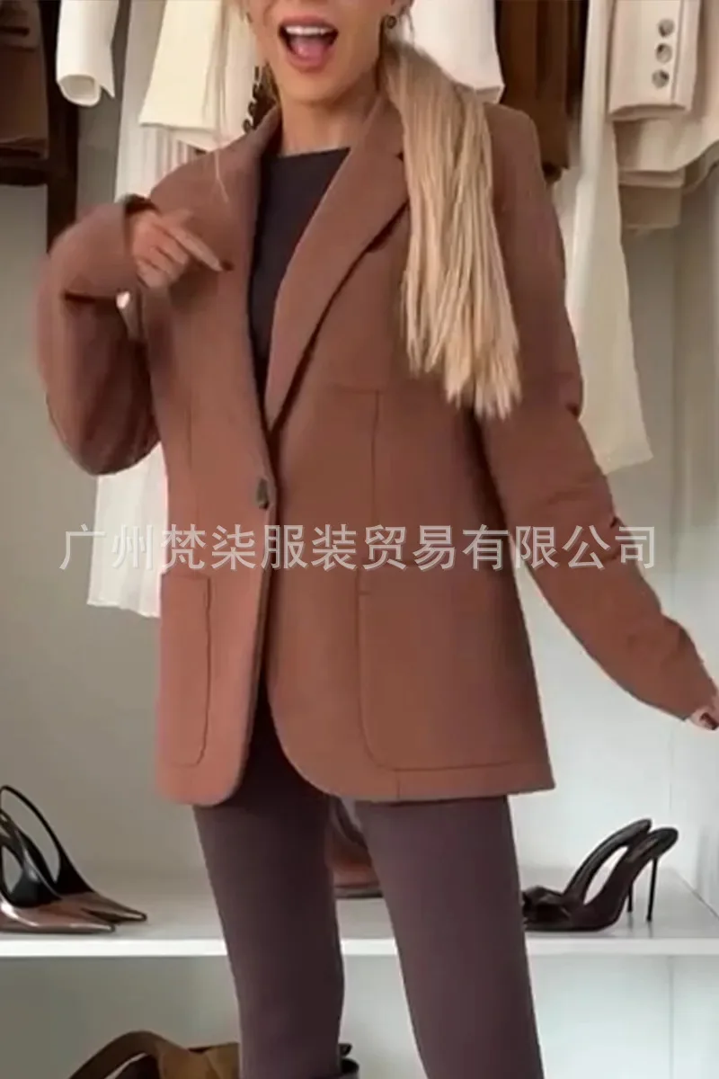 Jaket Jas Wanita Model Slim Terbaru 2025, Kasual Musim Gugur, Longgar, Warna Solid, Kerah Lapel, Saku, Cardigan