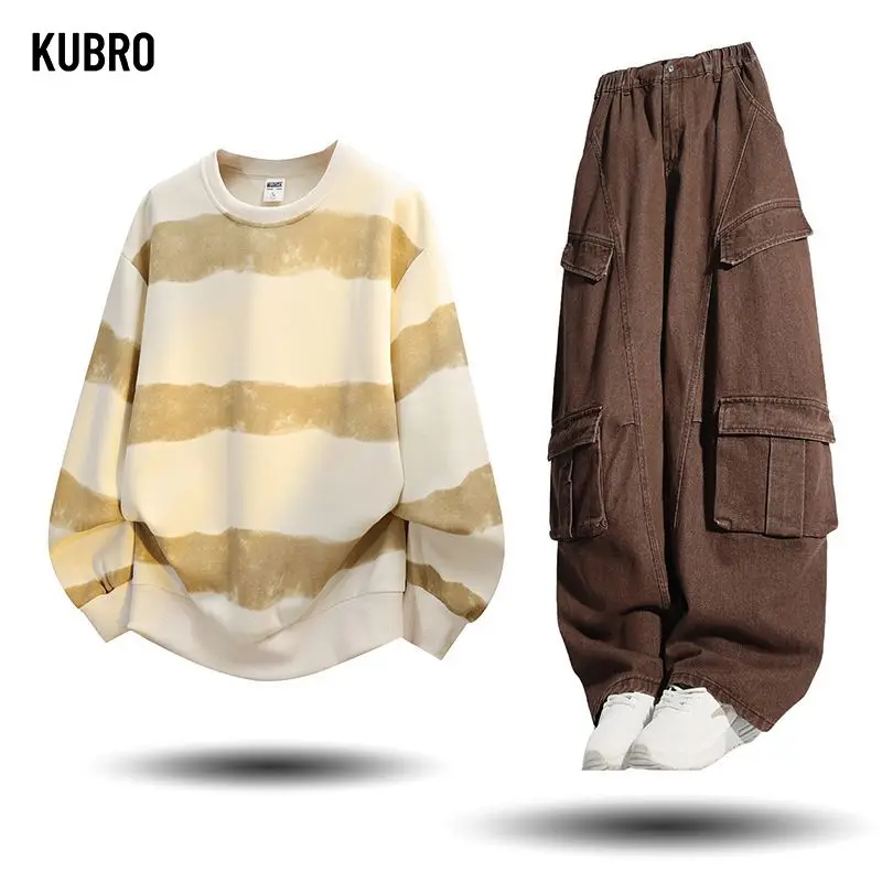 

2025 Men's Tracksuit Autumn Winter High Street Striped Shirt Cargo Pants 2 Pcs Sets Sports Suit Casual Male Y2k Streetwear Sets