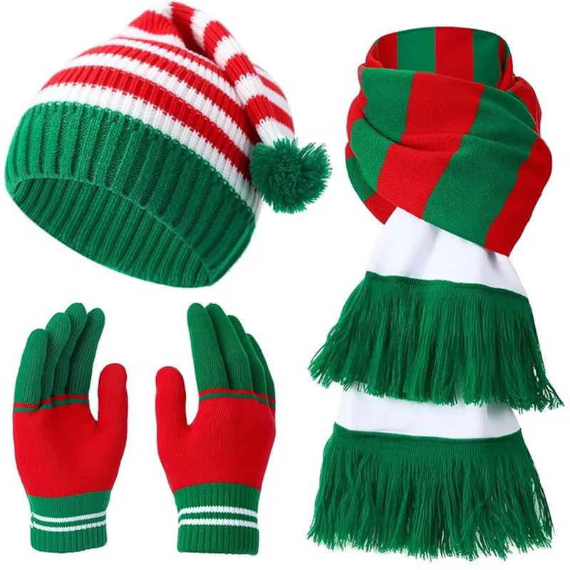 3-częściowy świąteczny zestaw: dziergany szalik, czapka i rękawiczki, zimowy kostium Świętego Mikołaja, czapka beanie, świąteczny szalik i rękawiczki, prezent świąteczny dla kobiet i mężczyzn