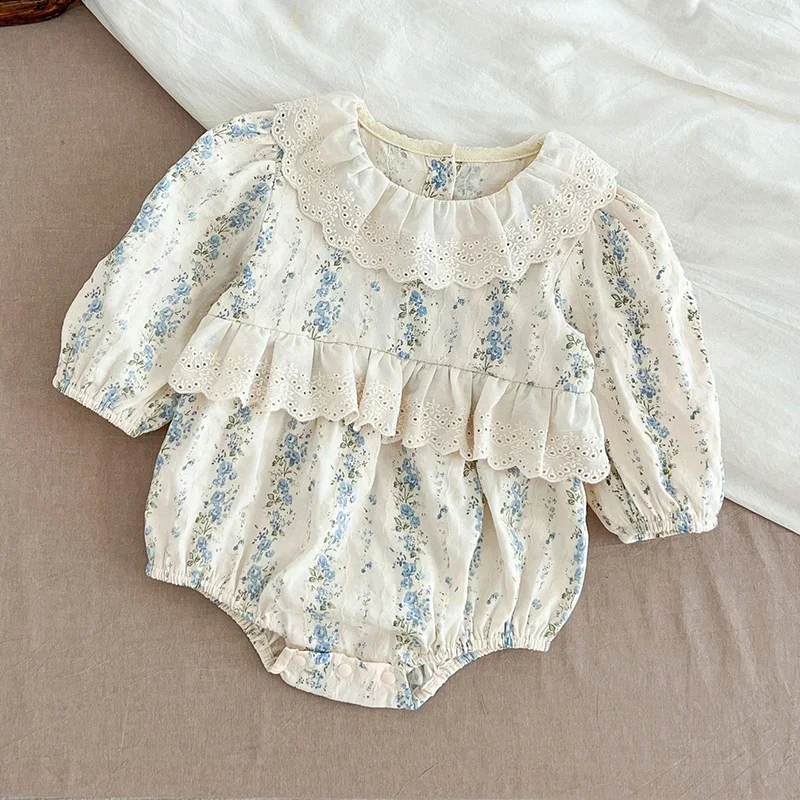 0-24M Baby Girl Floral Jumpsuit Lace Princess Romper Lapel Vintage Style Newborn Kids Casual Jumpsuit Full Sleeve Baby Jumpsuit