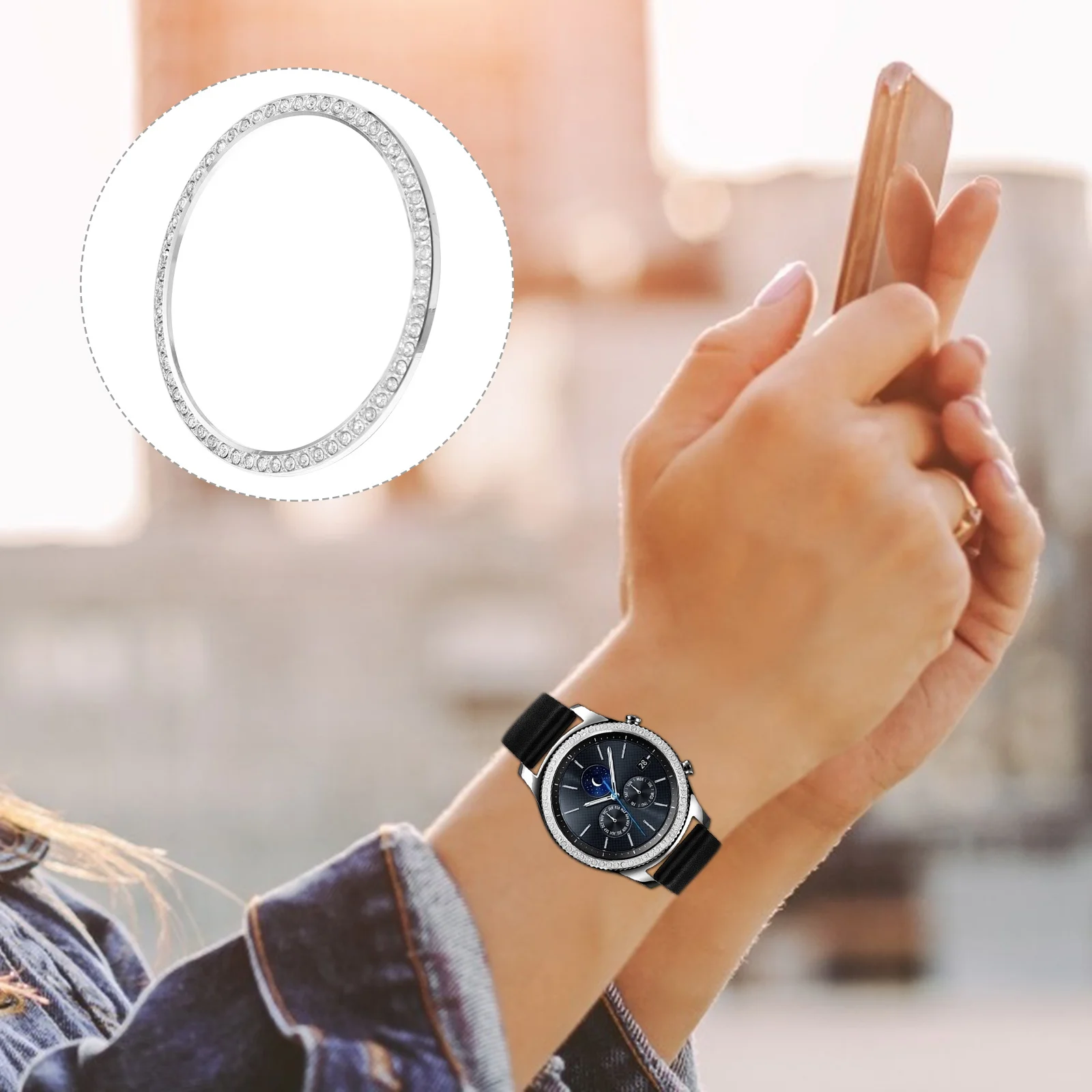 

Diamond Bezel for Watch3 45mm Silver Alloy Bezel Ring Scratch Protection Watch Accessories PHONE Dust Cover