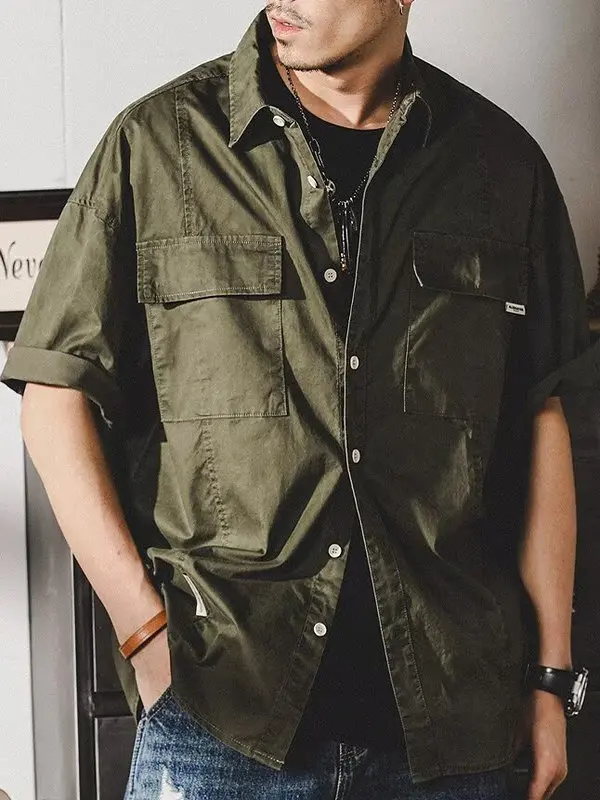 

American Sle Heavyweight ort Sve irt Men's Loose Fit Summer Casual Workwear Double ket irt Youth Faion