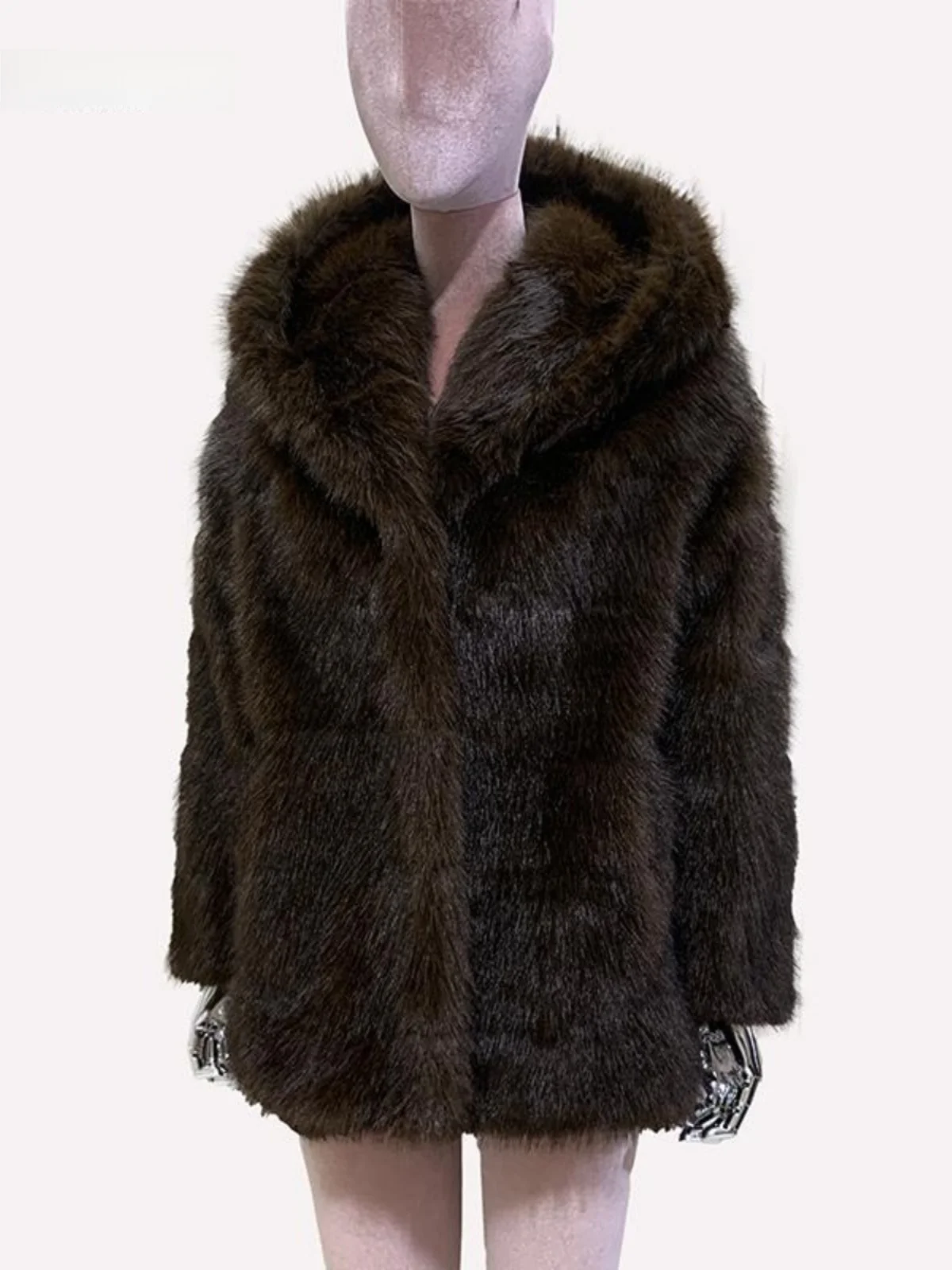 

Winter Fur Coat Hat Stripe Faion High Sense Fluffy Imitation Purple Fur Outerwear Youth Long Sve OL Sle Loose Fit