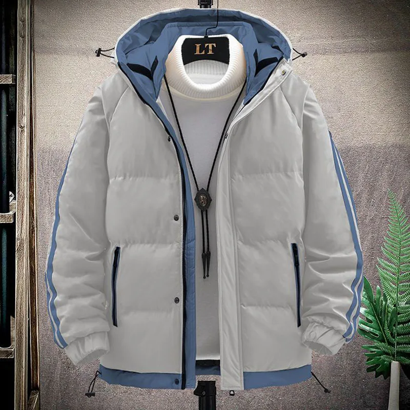 2023 Winter New Hooded Men Down Cotton Jacket Short Solid Color Warm Male Coat Fashion Casual Loose Zipper Outerwear