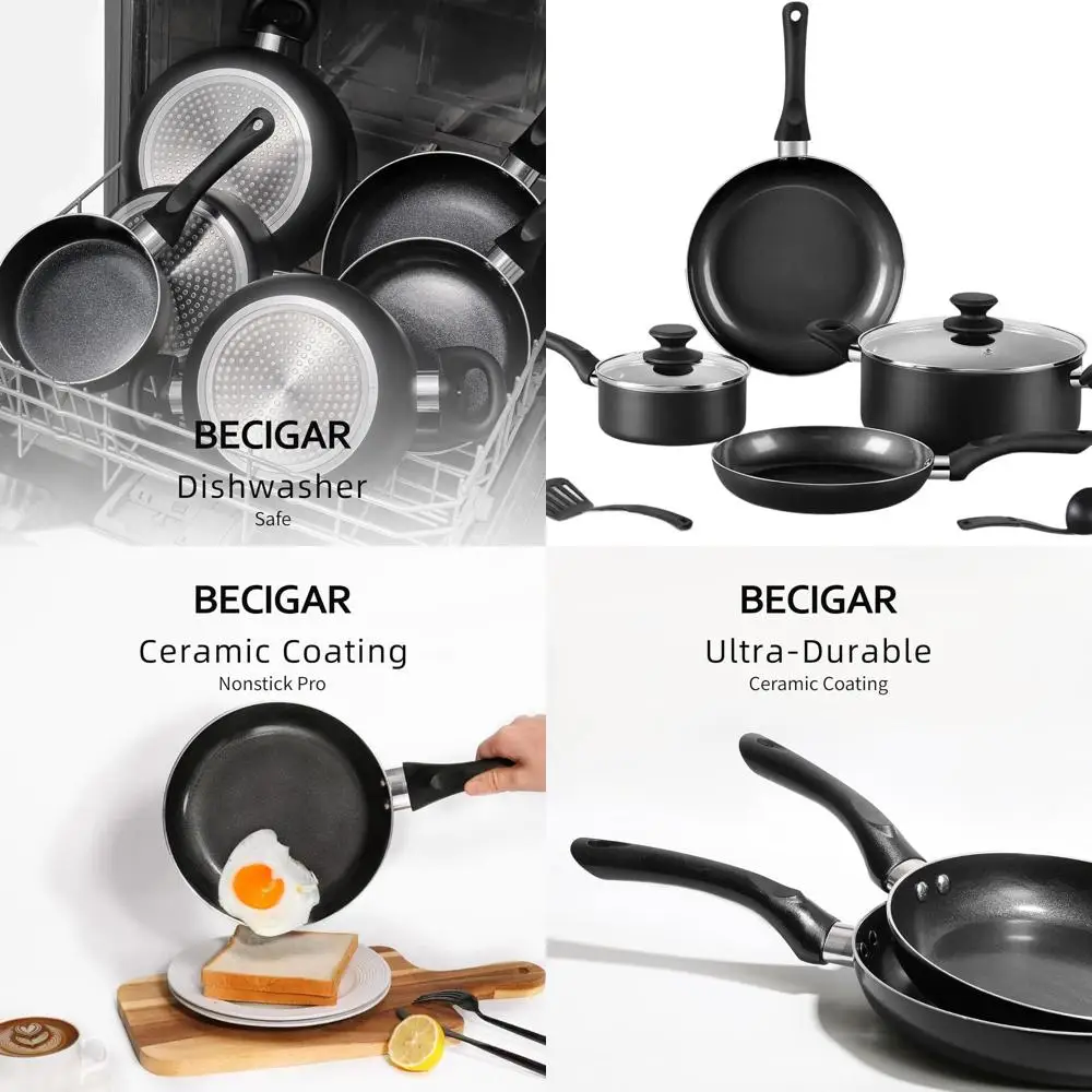 

Набор посуды из 8 предметов из черной керамики с антипригарным покрытием: индукционная, совместимая с сковородой, капельками и инструментами