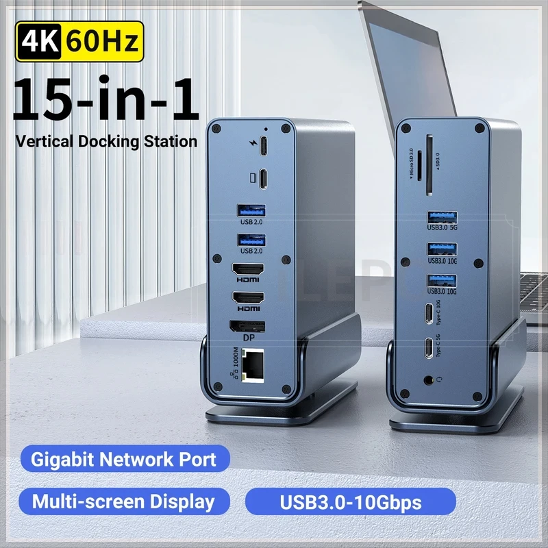 15-in-1 USB-C Hub Docking Station, 100W PD Charging 4K@60Hz HDMI/DP, USB 3.0 RJ45 Ethernet SD/TF Card Reader, 3.5mm Audio Adapte