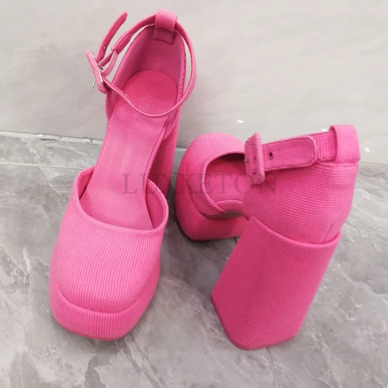 Waterproof Platform Thick Heel Wrapped Sandals for Women New Barbie Pink One Line Buckle French Retro Thick High Heels 34-49