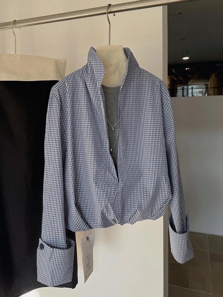 Faionable Retro Plaid Deep V-ne irt Damen Early Spring Layering Fake Zweiteiler irt Korean Sle Straight Cut Long S...