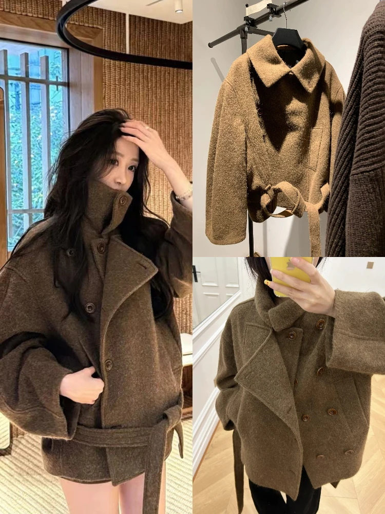 

Ретро шерстяное пальто женское с воротником-стойкой, приталенное, винтажное, стильное, модная женская верхняя одежда