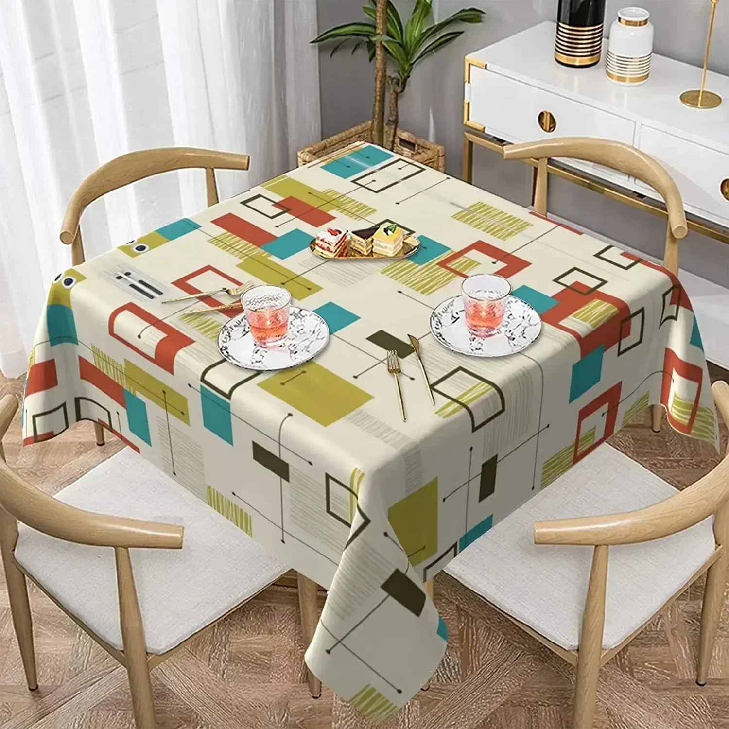 Mid Century Modern Print Square Tablecloth Spill-Proof Water Resistant and Oil-Proof Tablecloth for Dining Party Outdoor 60x60in